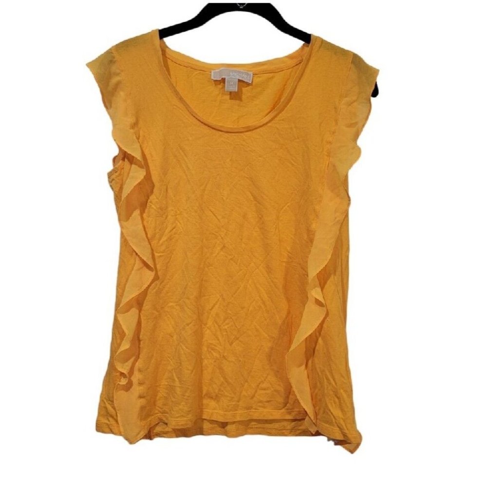Michael Michael Kors Womens M Yellow Short Sleeve Ruffle Detail Blouse